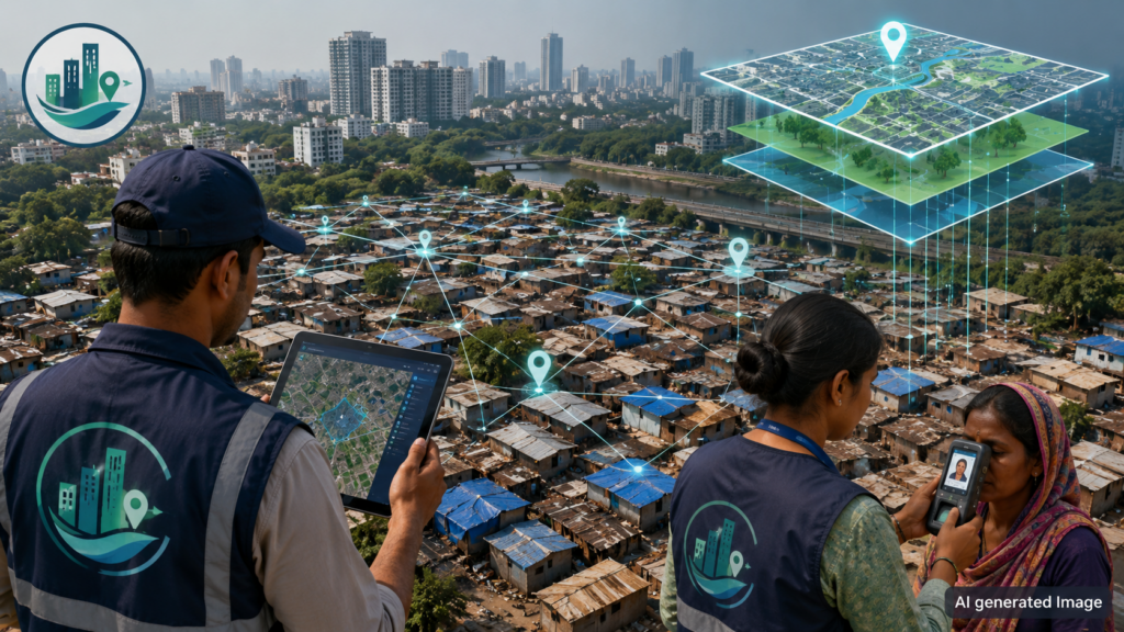 Officials conduct GIS mapping and biometric surveys across slum settlements in Pune and Pimpri-Chinchwad as part of urban redevelopment planning.