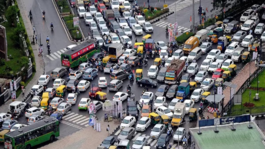 Heavy traffic movement and public transport systems in an Indian metro city amid growing focus on urban mobility reforms.