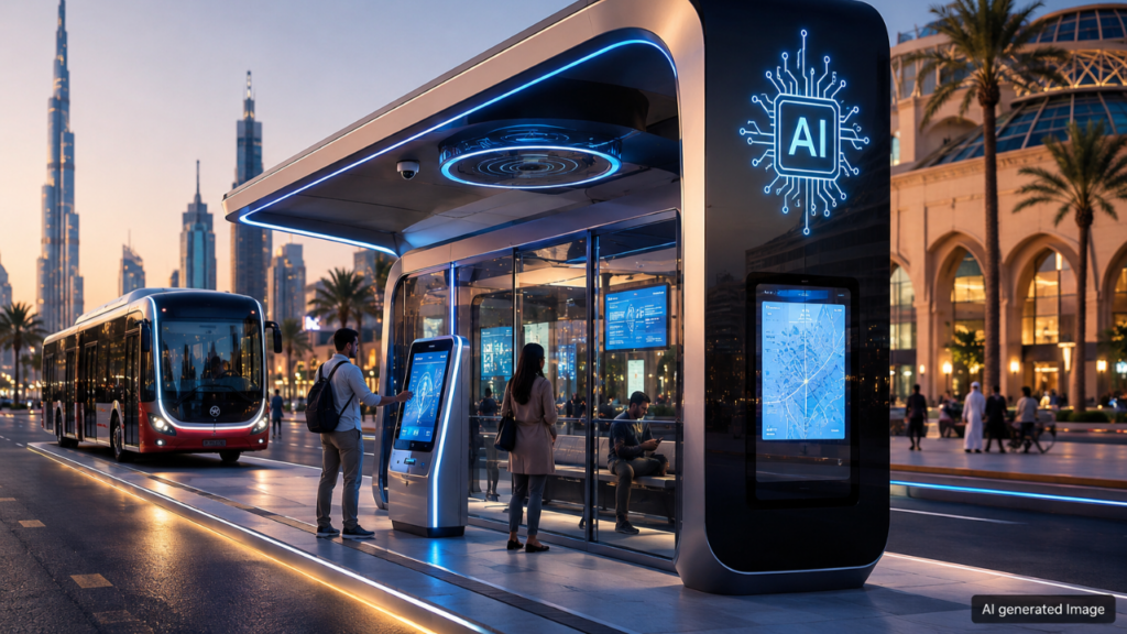 Dubai’s first AI-powered smart bus station at Mall of the Emirates offers 24/7 digital commuter services and climate-controlled facilities.