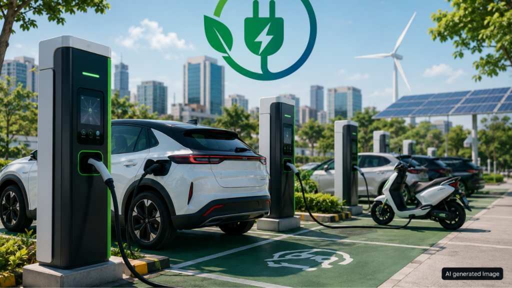 Electric vehicles charge at a public EV charging station as India expands EV infrastructure.