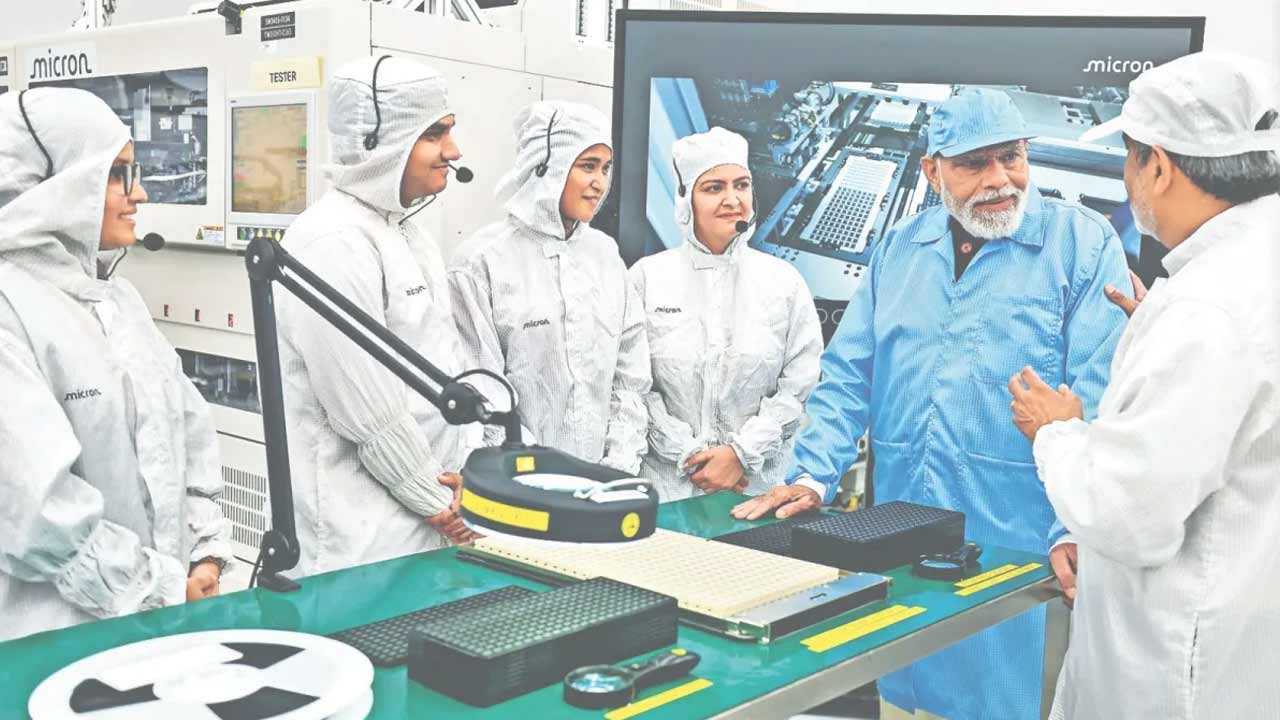 Prime Minister Narendra Modi during the inauguration of CG Semi's ₹7,600 crore semiconductor OSAT facility in Sanand, Gujarat, under the India Semiconductor Mission.