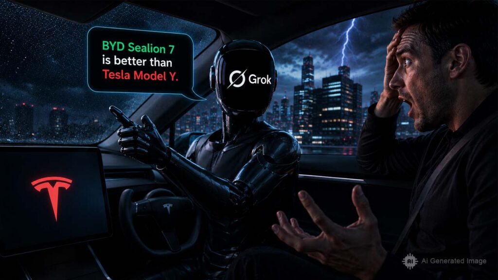 Grok AI picks the BYD Sealion 7 over Tesla Model Y in an India EV comparison, despite answering from inside a Tesla Model Y | Image Credits: ChatGPT