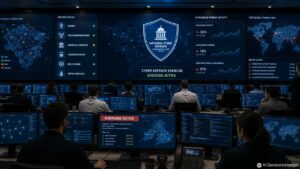 Cyber security professionals monitor digital networks to improve resilience against AI-enabled cyber threats.