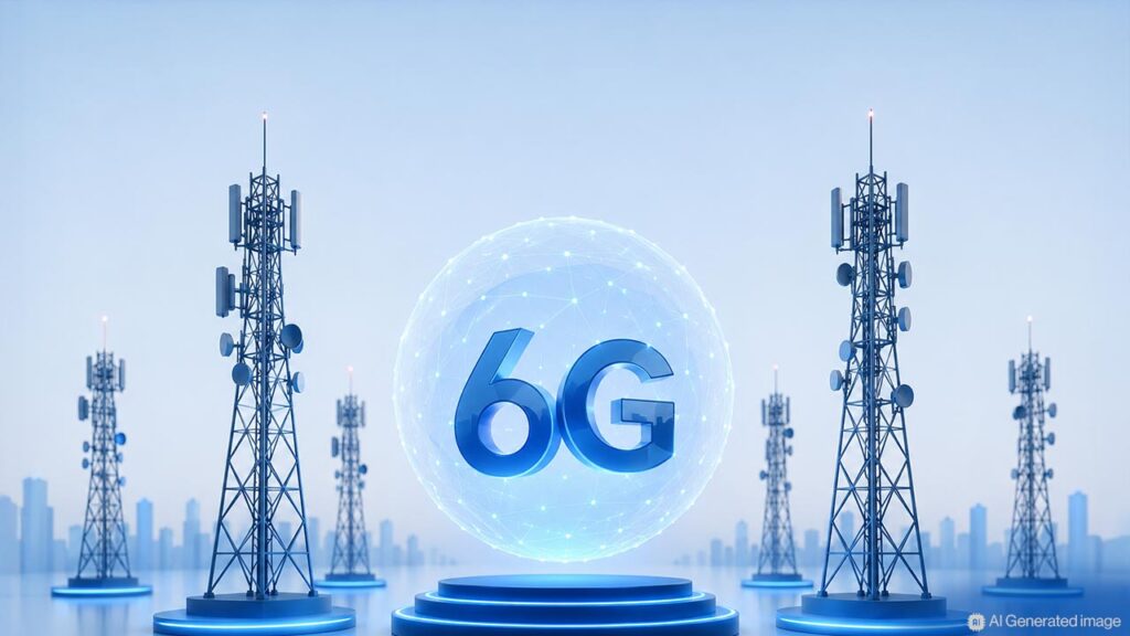 6G logo displayed on a smartphone representing India's telecom industry discussion on 6G investment.