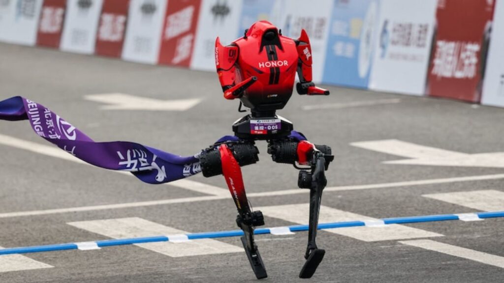 A Chinese humanoid robot ran 100m in 9.39 seconds in Beijing, beating Usain Bolt’s 9.58-second record in a robot racing event | Image Credits: Guardian