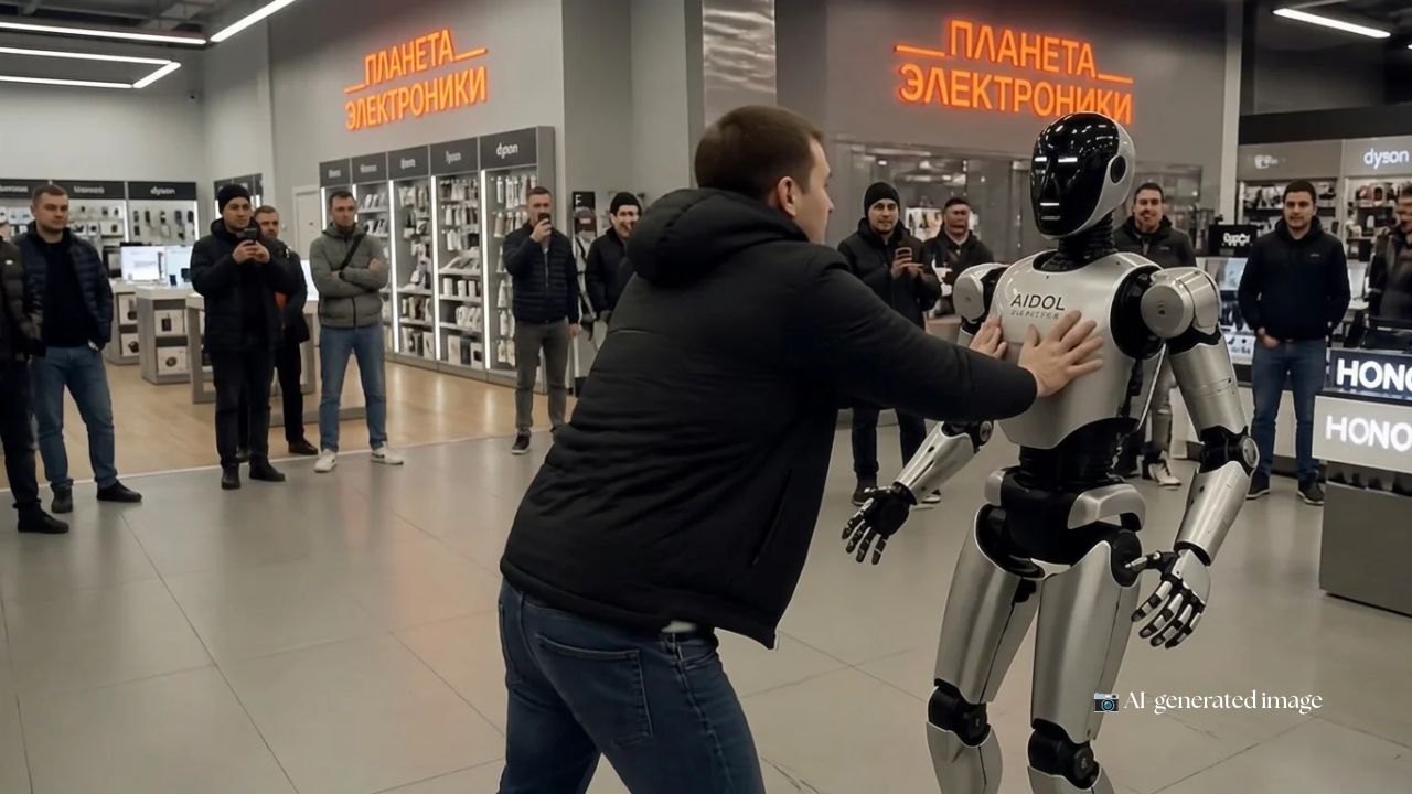 A humanoid robot in a Russian electronics store appears to kick a customer after he pushes it, sparking viral reactions and Terminator comparisons | Image Credits: Canva AI